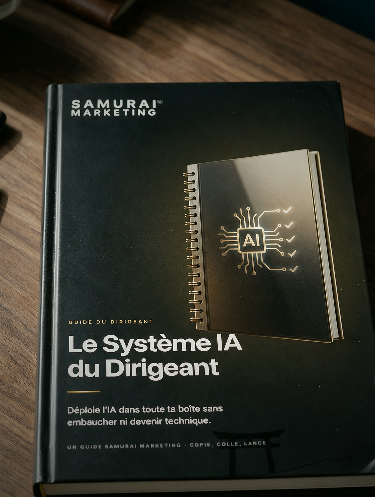 Le guide Système IA du Dirigeant posé sur un bureau clair, dans des locaux aux murs colorés.